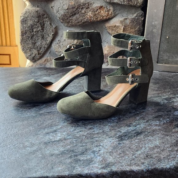 Indigo RD. Green Faux Suede Back Zip Buckle Ankle Three Strap Block Heels 5.5M - Picture 4 of 16
